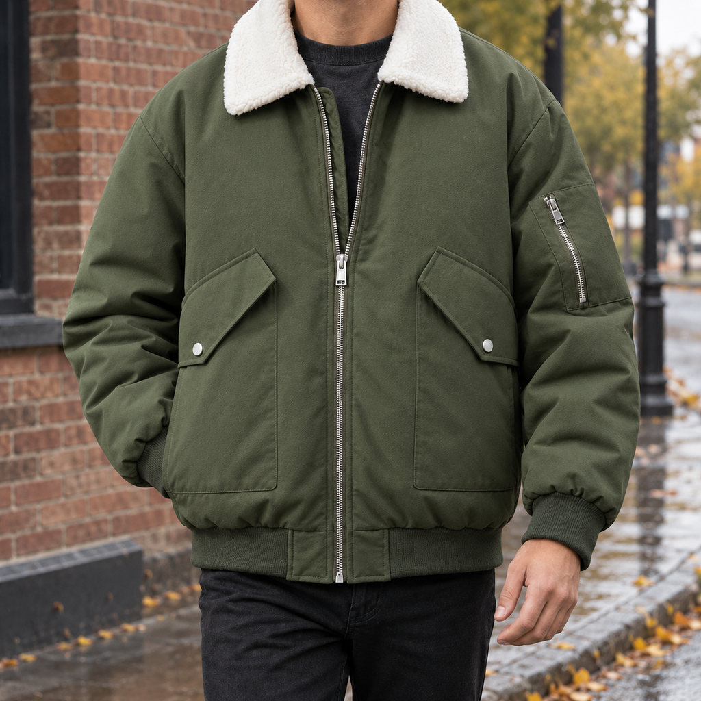 Men's Aviator Jacket - Contrast-Collar Zip-Up Outerwear