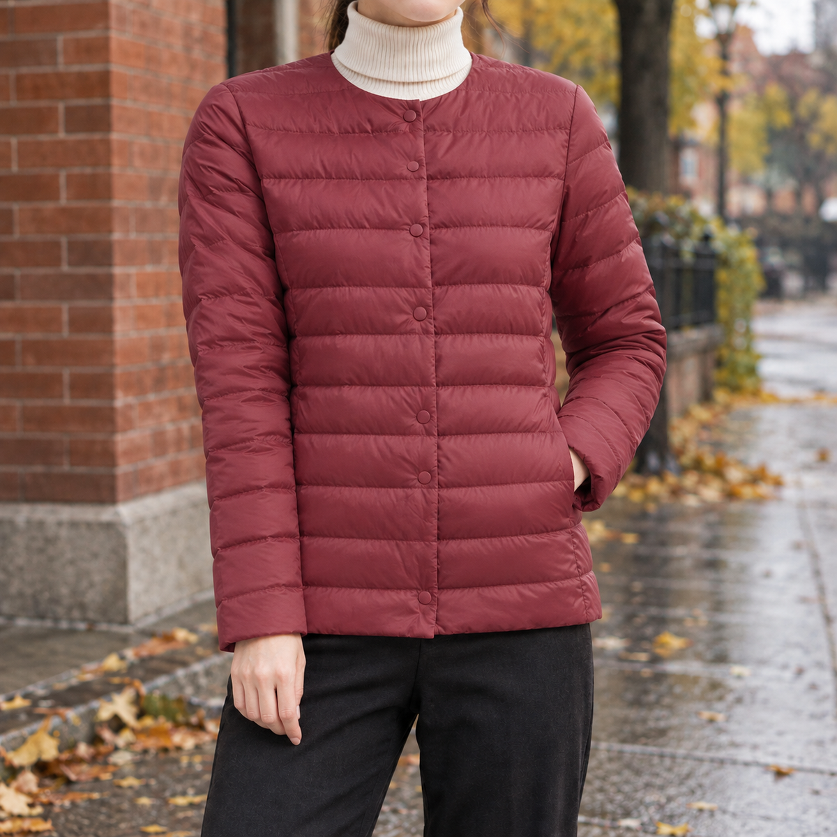 Women's Collarless Quilted Jacket - Snap-Front Outerwear
