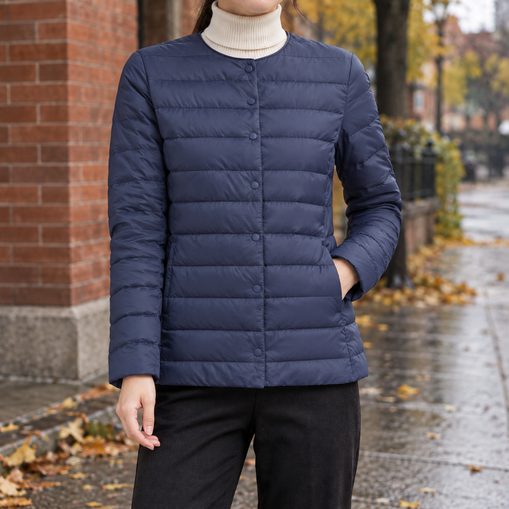 Women's Collarless Quilted Jacket - Snap-Front Outerwear