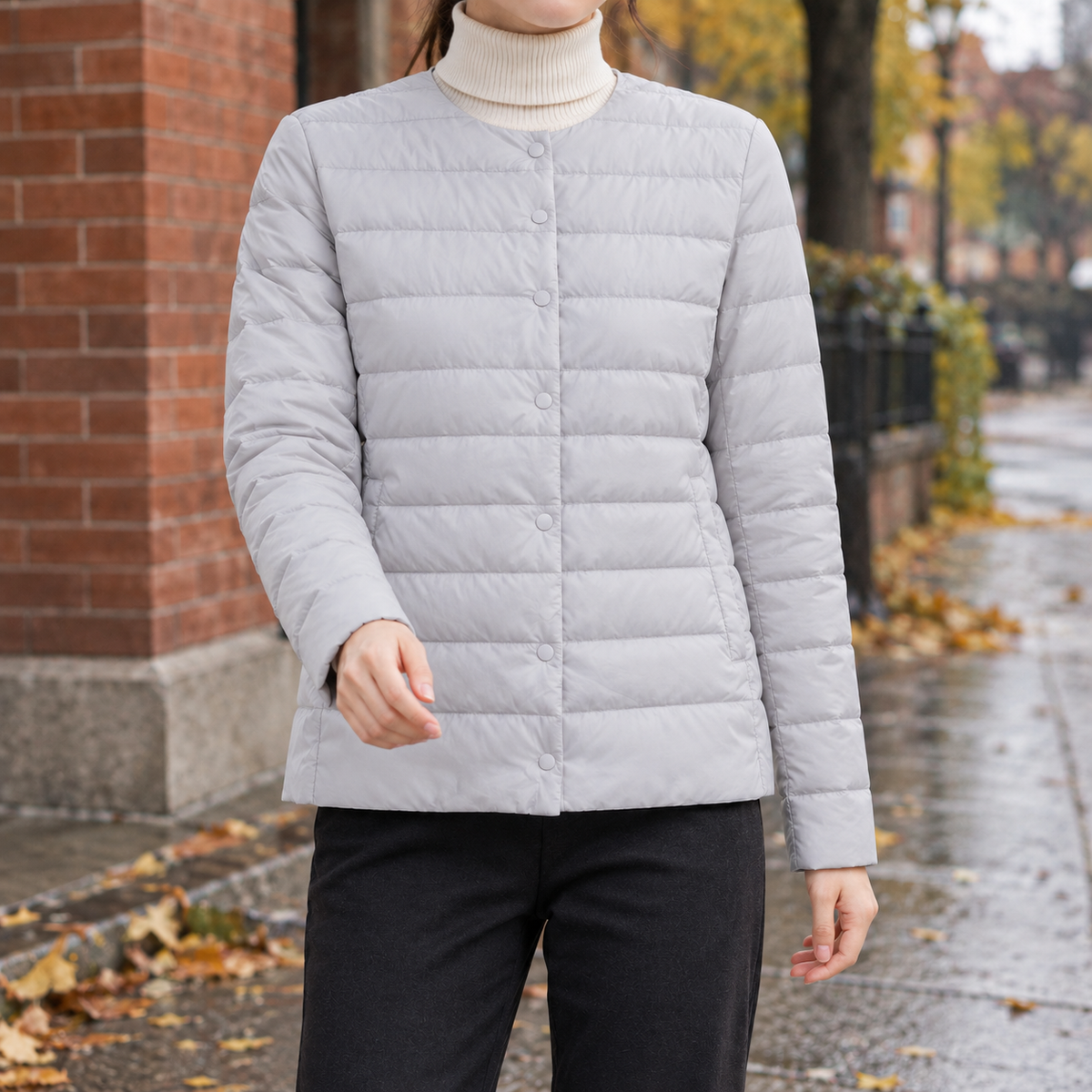 Women's Collarless Quilted Jacket - Snap-Front Outerwear