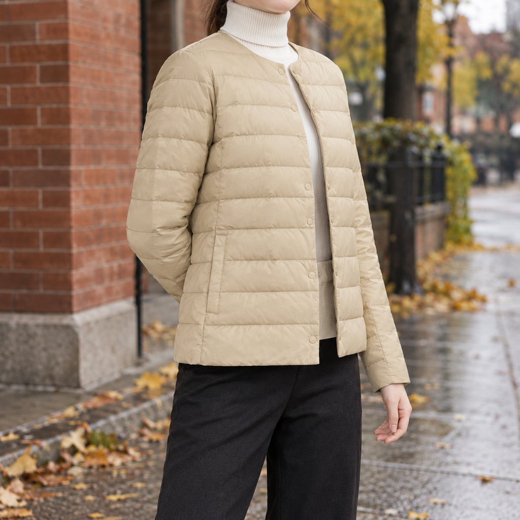 Women's Collarless Quilted Jacket - Snap-Front Outerwear