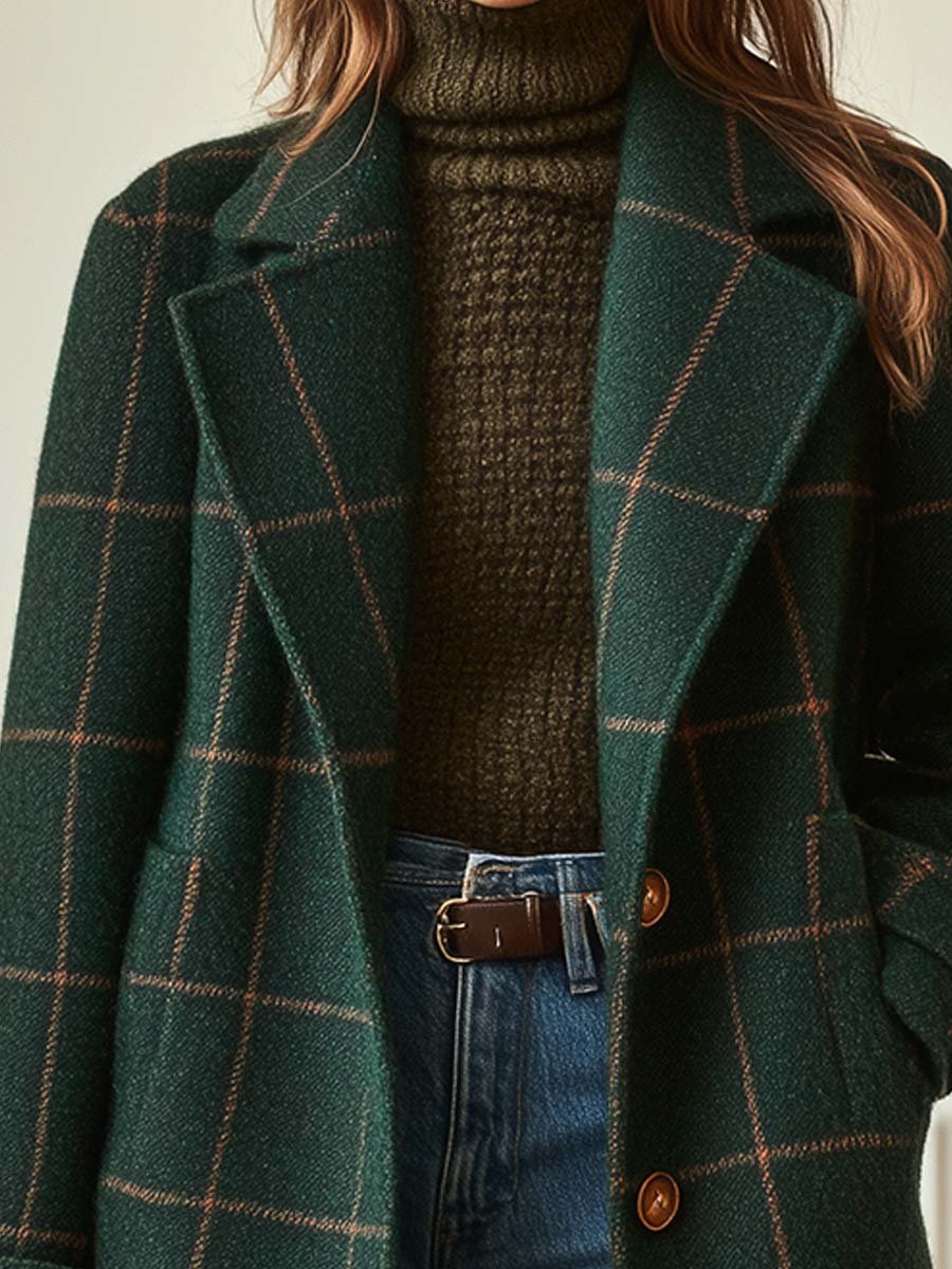 Women's Plaid Tweed Coat - Lapel Button-Front Outerwear