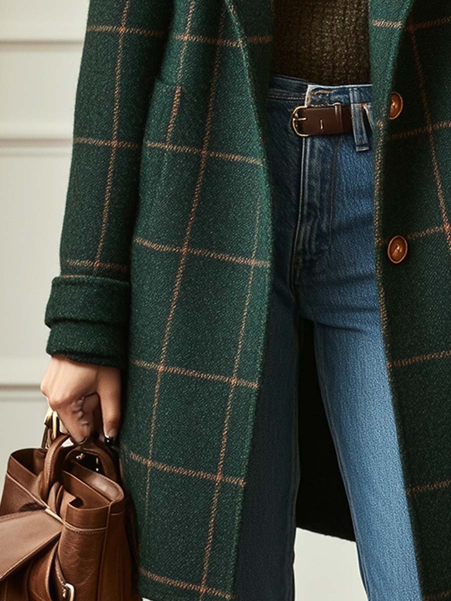 Women's Plaid Tweed Coat - Lapel Button-Front Outerwear