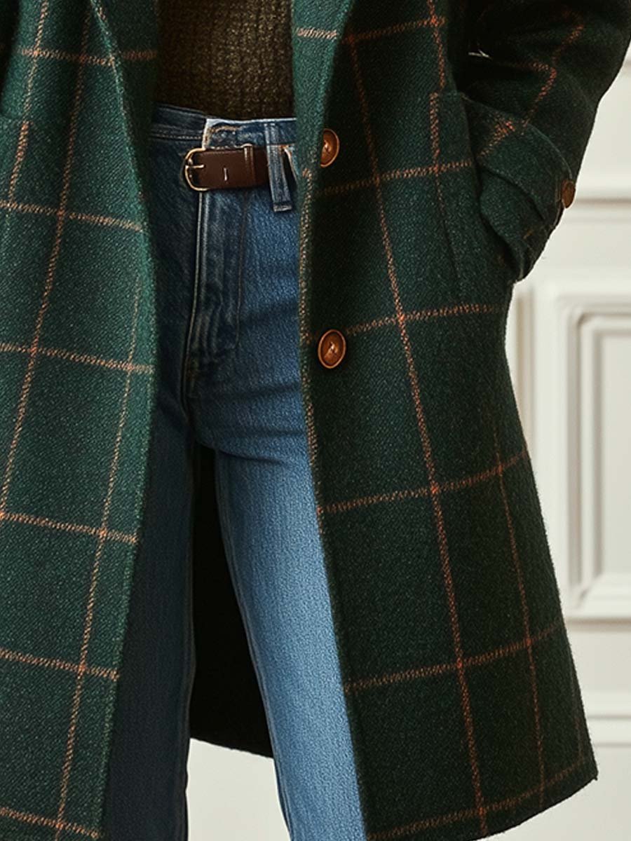 Women's Plaid Tweed Coat - Lapel Button-Front Outerwear