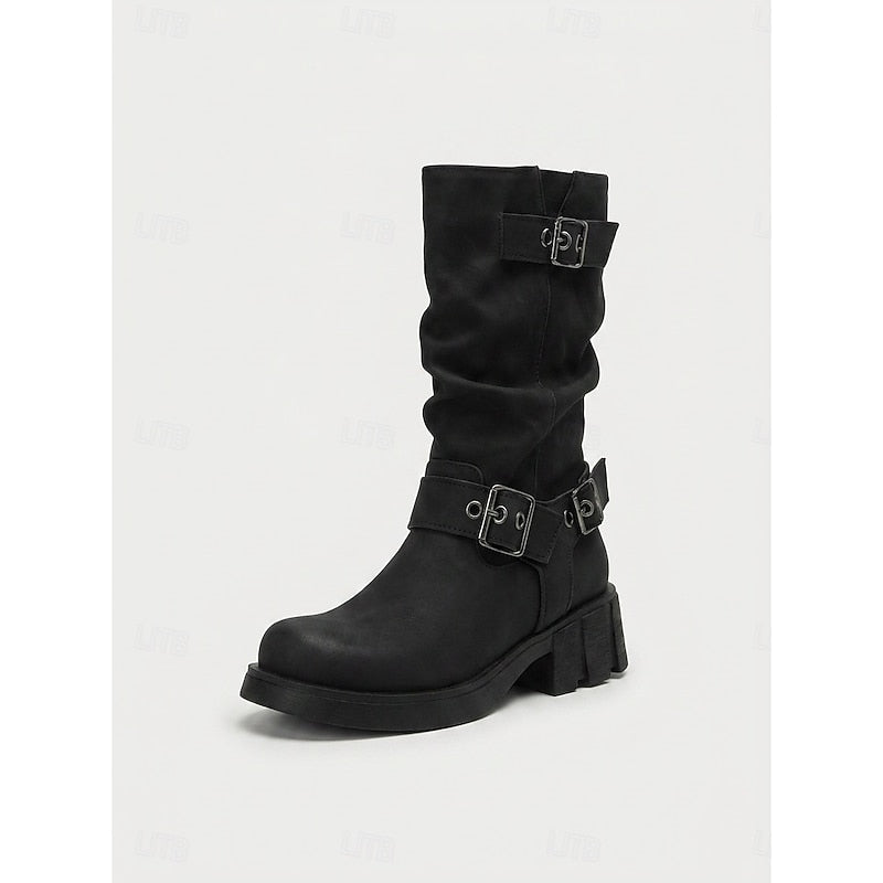 Women's Buckle Biker Boots - Mid-Calf Lug Sole Boots