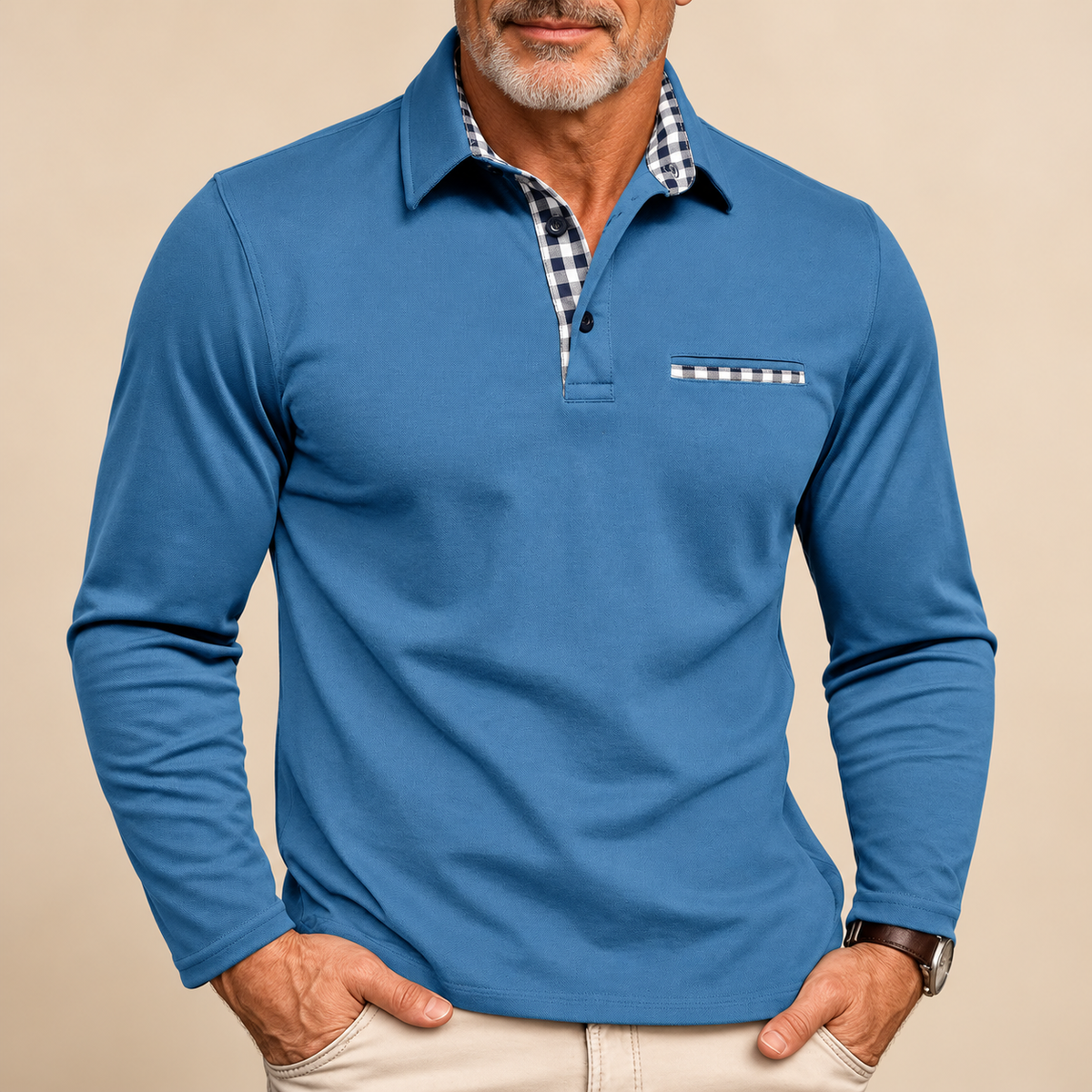 Men's Long-Sleeve Polo Shirt - Contrast-Collar Top