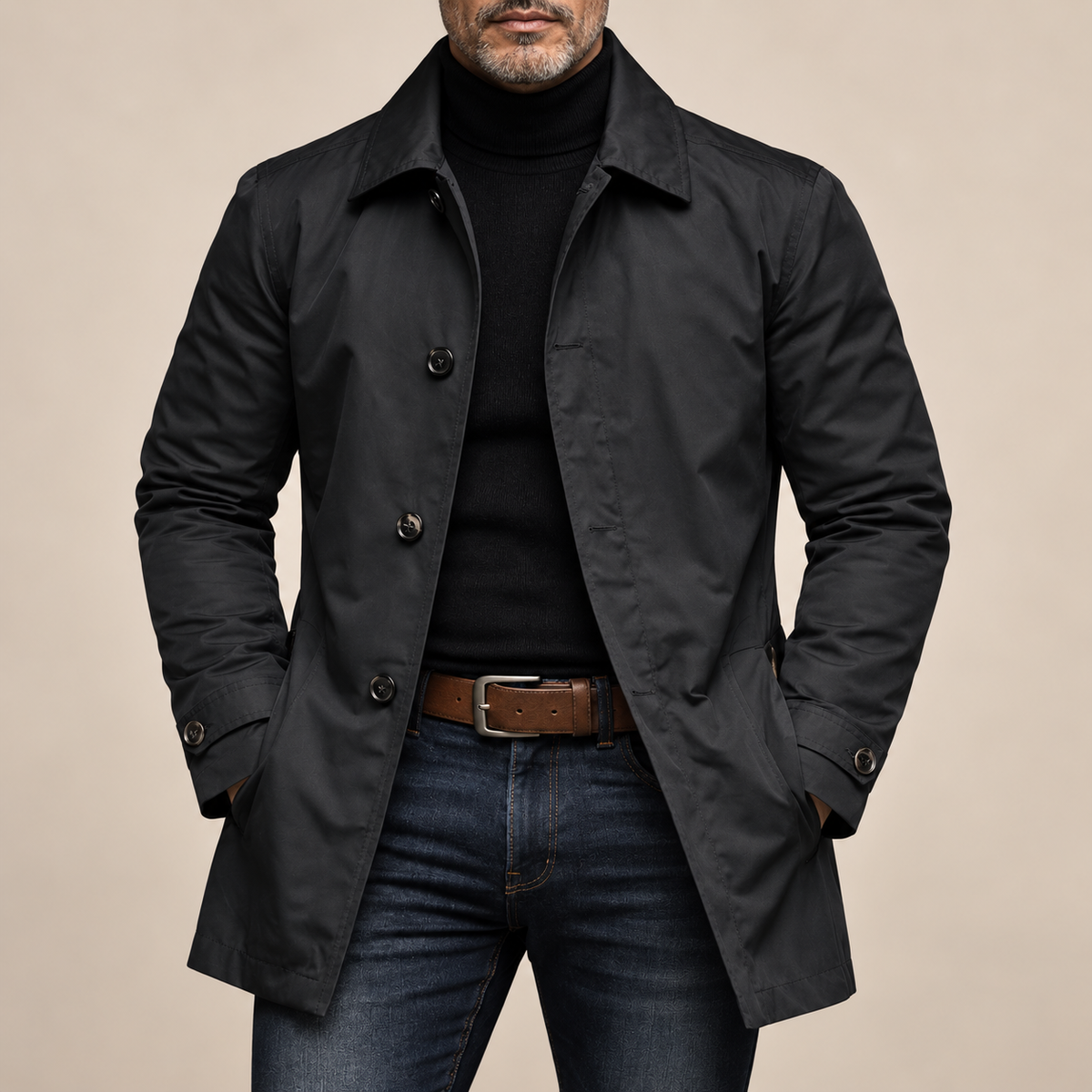 Men's Mid-Length Coat - Button-Front Outerwear