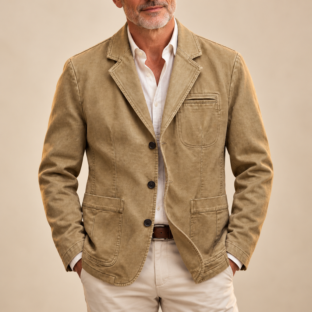 Men's Washed Denim Blazer - Notched-Lapel Jacket