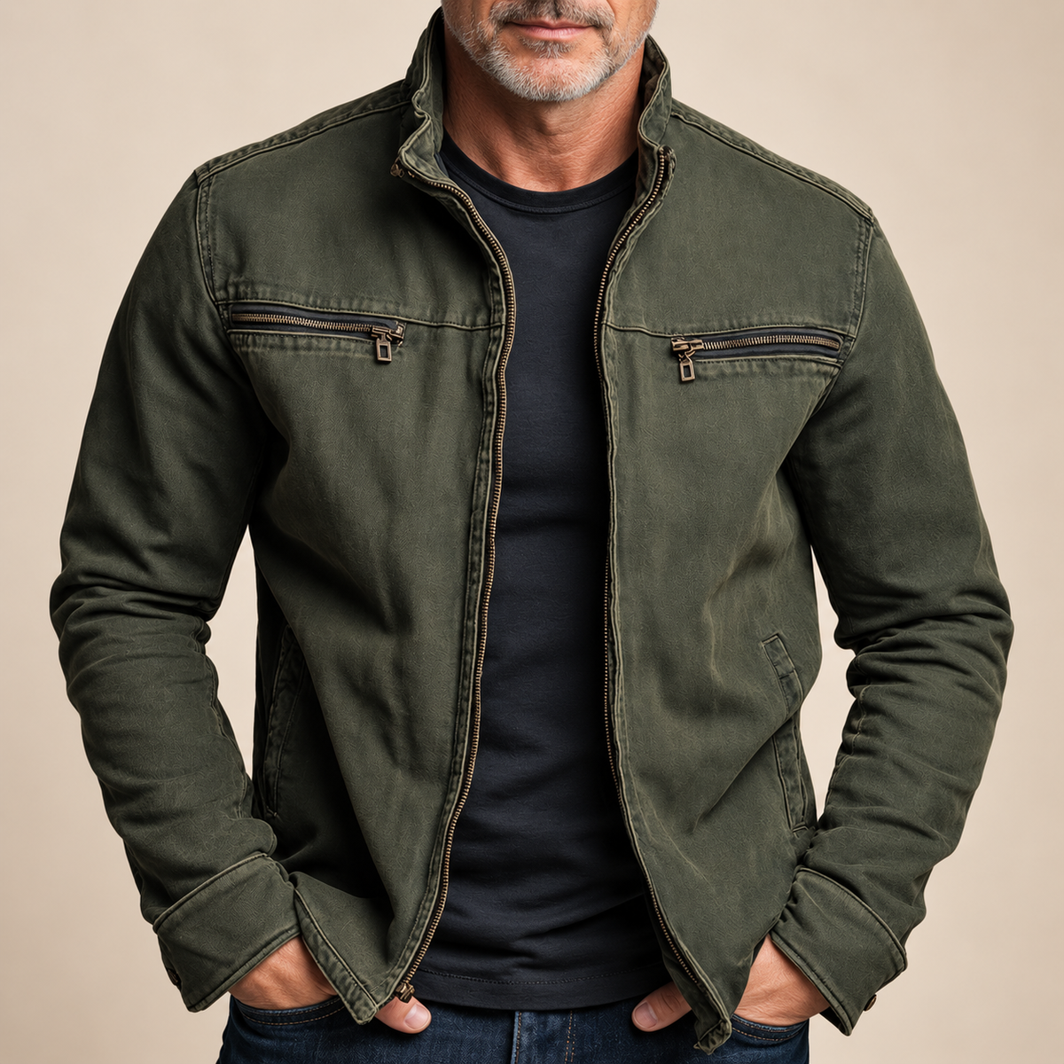 Men's Zip-Up Jacket - Stand-Collar Utility Outerwear