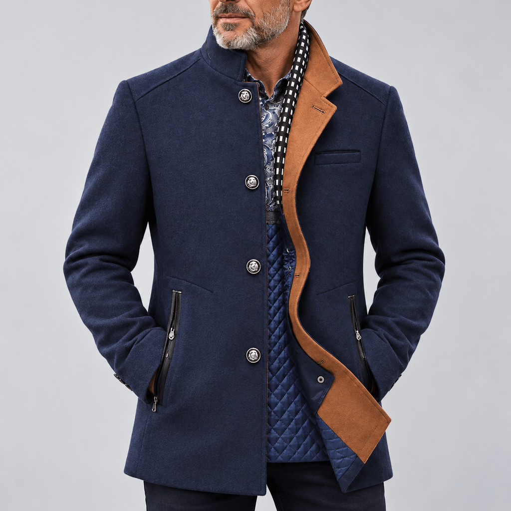Men's navy stand-collar coat with asymmetric brown trim and metal buttons