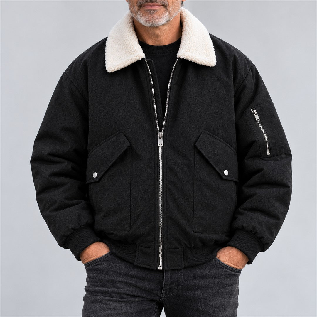 Men's Aviator Jacket - Contrast-Collar Zip-Up Outerwear worn by an older model against a light grey background