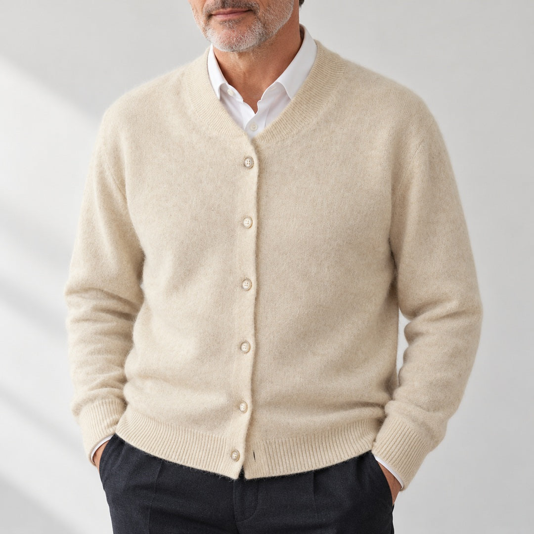 Men's Button-Front Cardigan - V-Neck Fine Knit shown in natural daylight