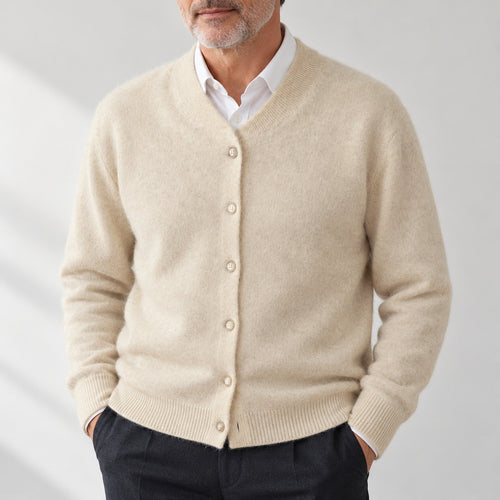 Men's Button-Front Cardigan - V-Neck Fine Knit shown in natural daylight