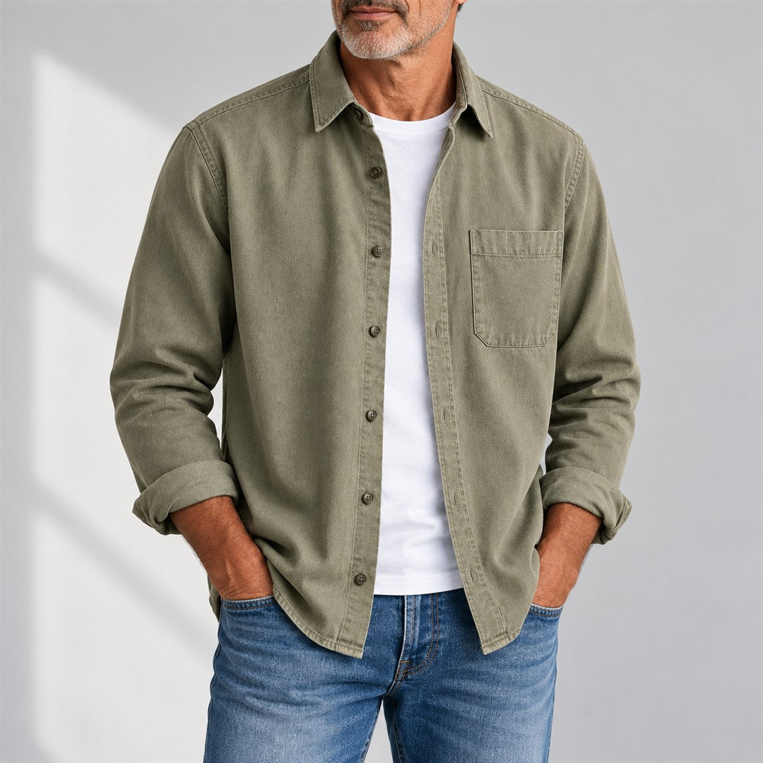 Men's Button-Up Shirt - Long-Sleeve Chest-Pocket Top worn by an older model against a light grey background
