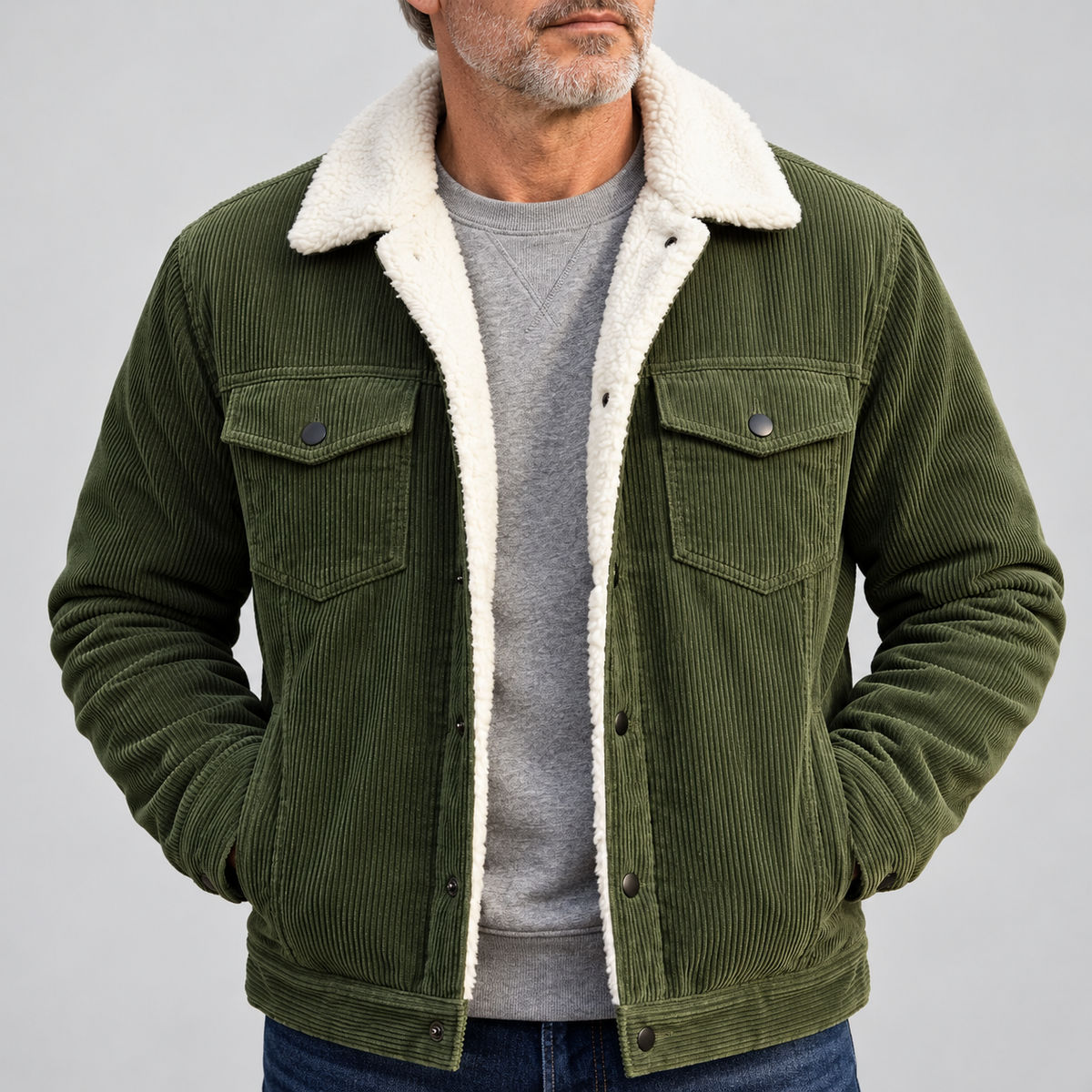 Men's green corduroy jacket with fleece lining and button front