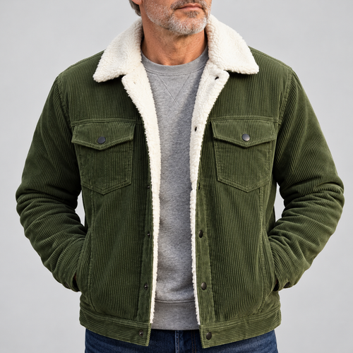 Men's green corduroy jacket with fleece lining and button front
