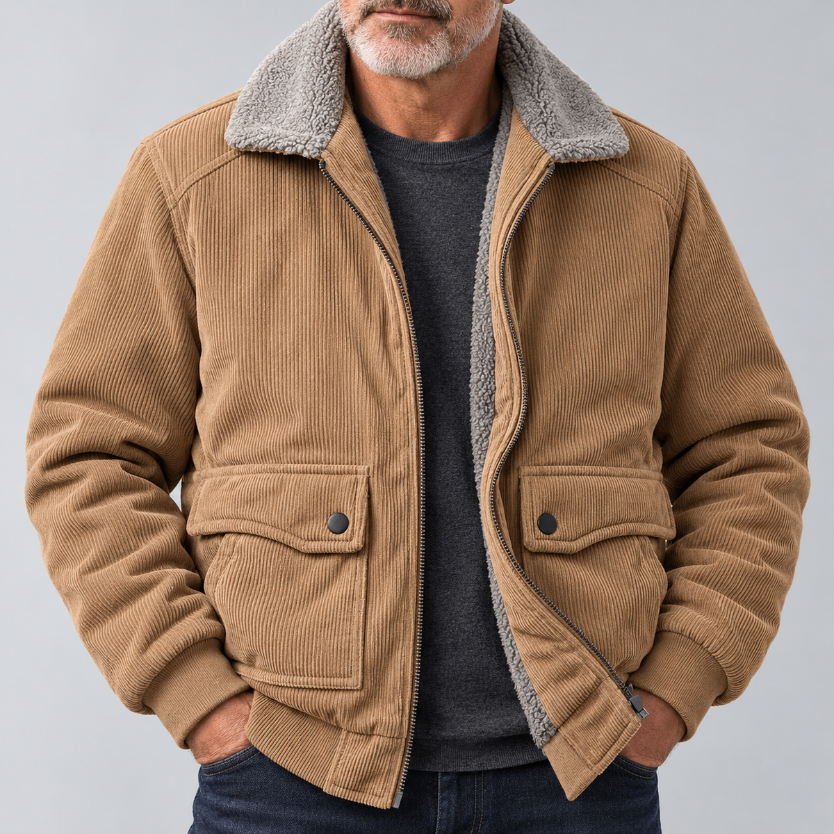 Men's tan fleece-lined corduroy jacket with zip front