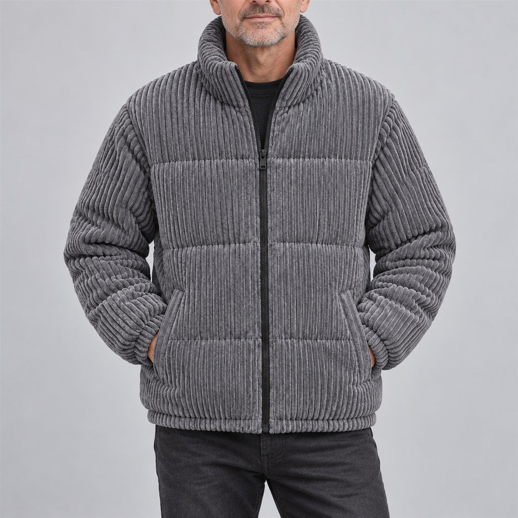 Men's Corduroy Jacket - High-Collar Zip-Up Outerwear worn by an older model against a light grey background