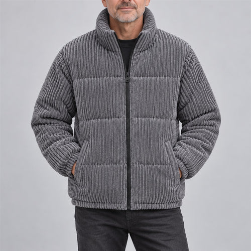 Men's Corduroy Jacket - High-Collar Zip-Up Outerwear worn by an older model against a light grey background