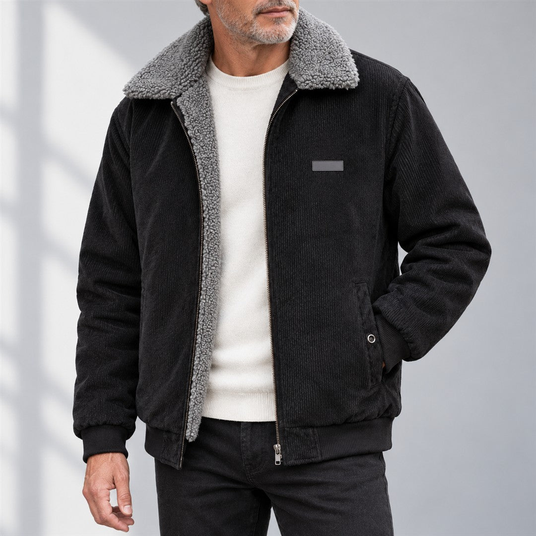 Men's Corduroy Jacket - Zip-Up Pile-Lined Outerwear worn by an older model against a light grey background