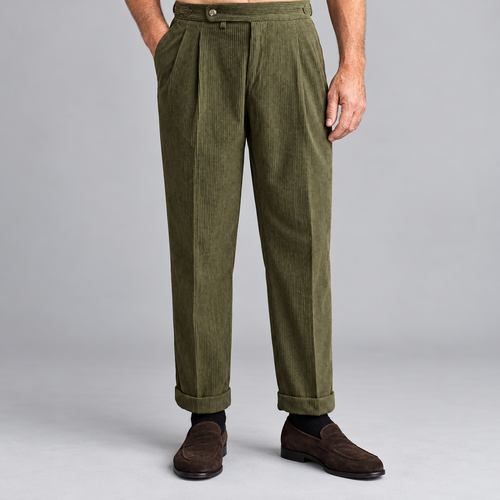 Men's olive corduroy trousers with pleated high waist and straight leg