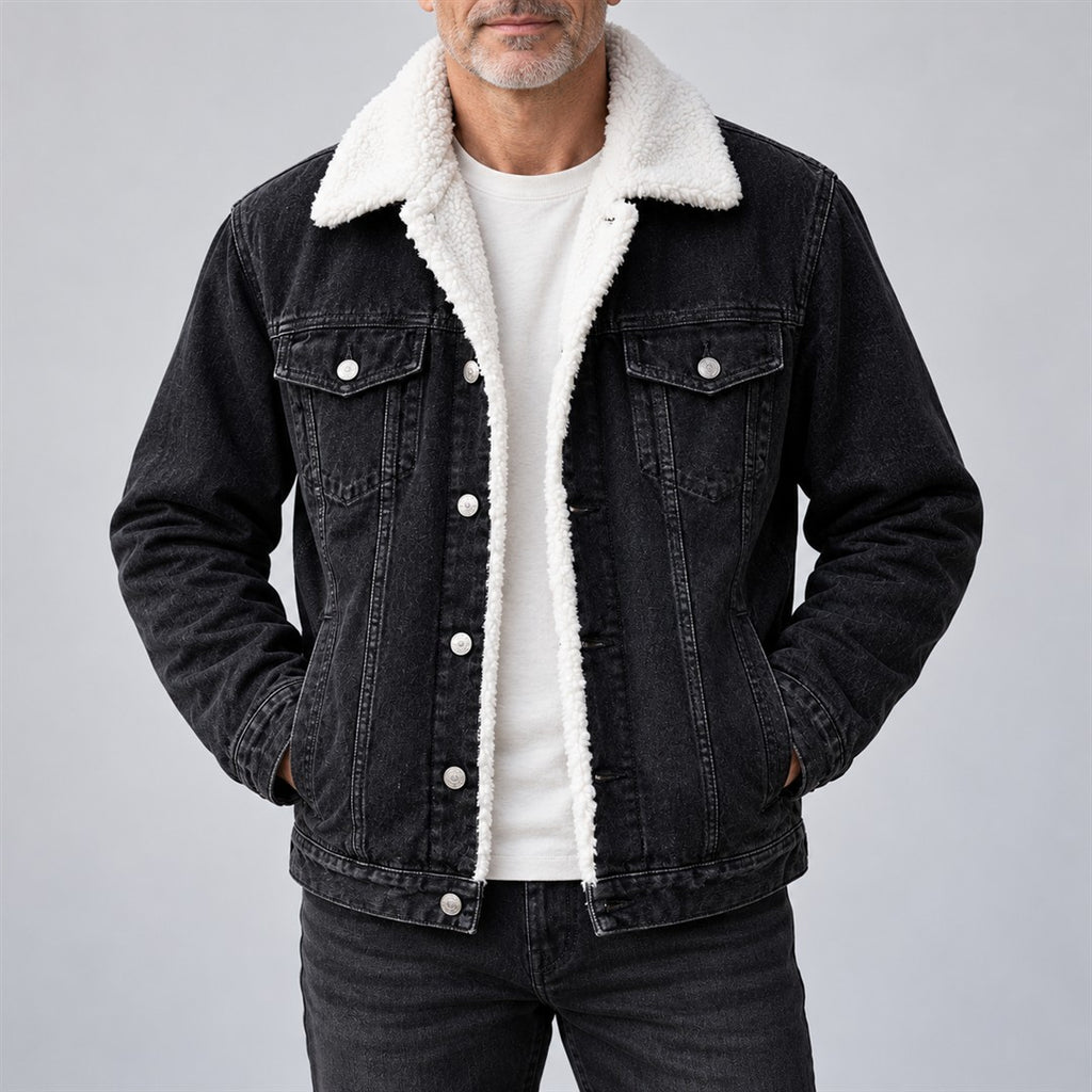 Men's Denim Jacket - Pile-Lined Button-Front Outerwear worn by an older model against a light grey background
