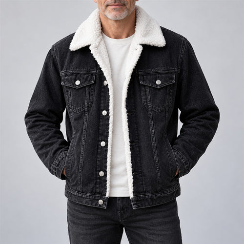 Men's Denim Jacket - Pile-Lined Button-Front Outerwear worn by an older model against a light grey background