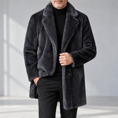 Men's Faux Fur Coat - Lapel Collar Winter Outerwear worn by an older model against a light grey background