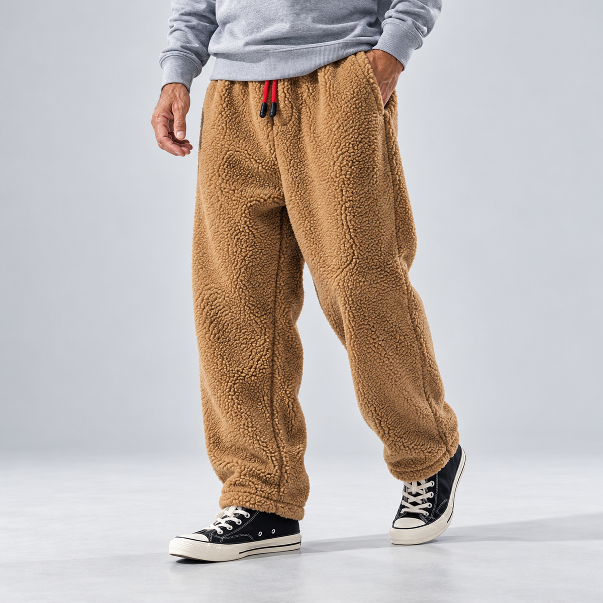 Men's camel fleece joggers with drawstring waist and relaxed leg