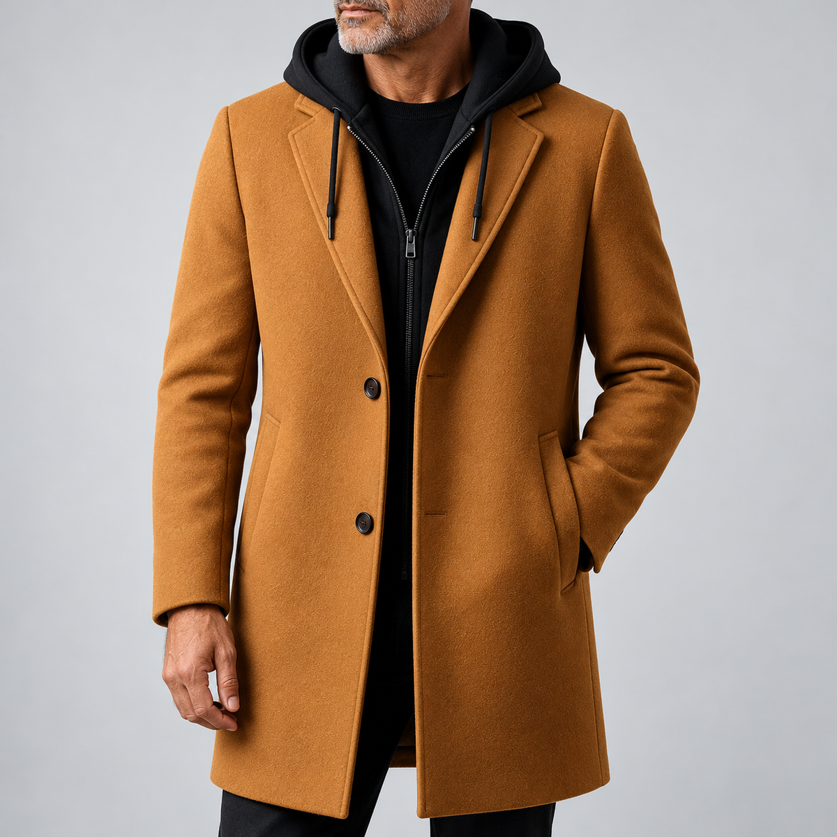 Men's camel hooded wool-blend overcoat with longline button front