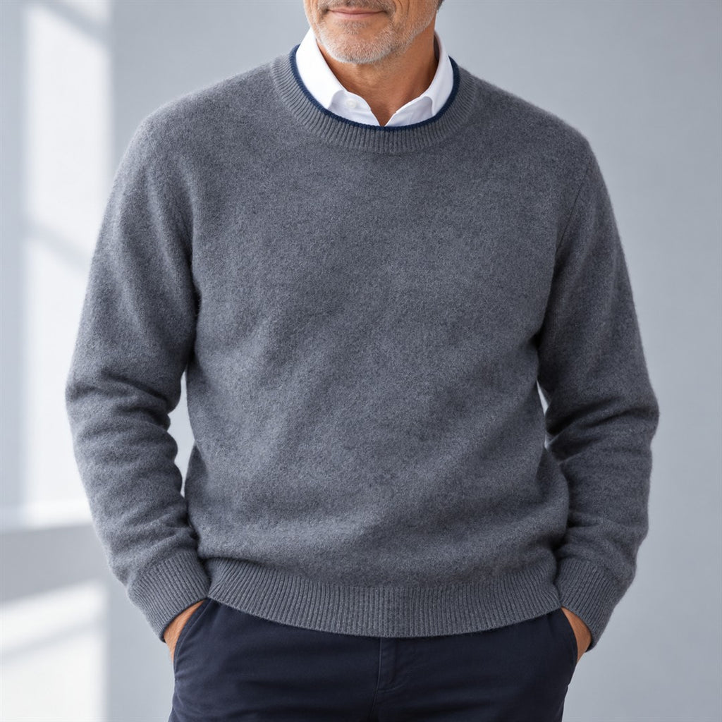Men's Knit Sweater - Crew-Neck Contrast Trim Jumper worn by an older model against a light grey background