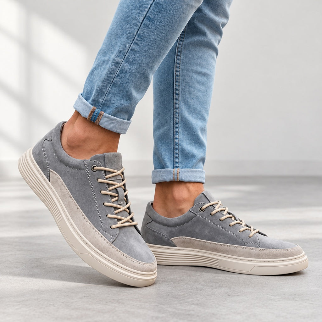 Men's Lace-Up Trainers - Suede-Look Panelled Upper shown in natural daylight