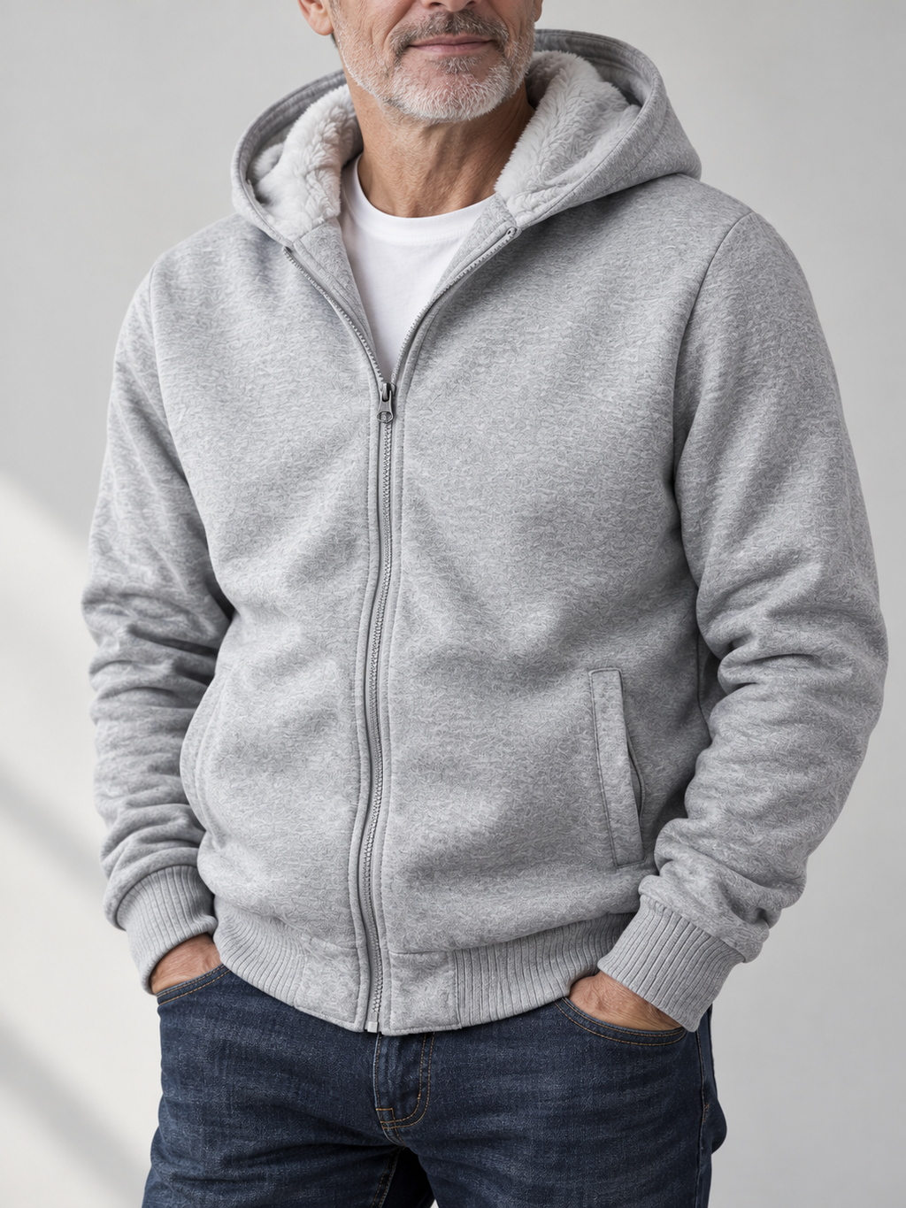 Older male model wearing a light grey lined zip hoodie