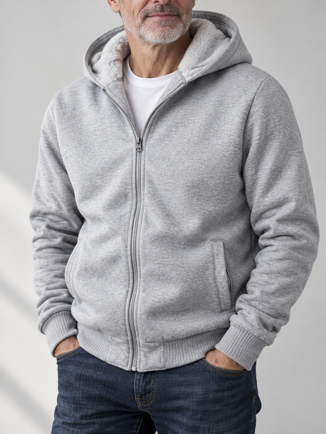 Older male model wearing a light grey lined zip hoodie
