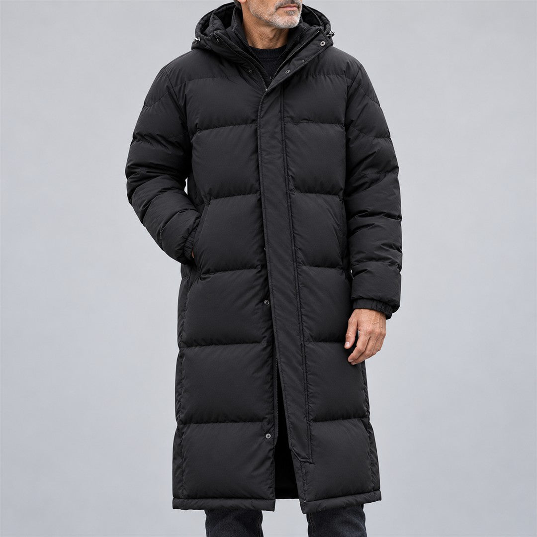 Men's Long Quilted Coat - Hooded Zip-Up Outerwear worn by an older model against a light grey background