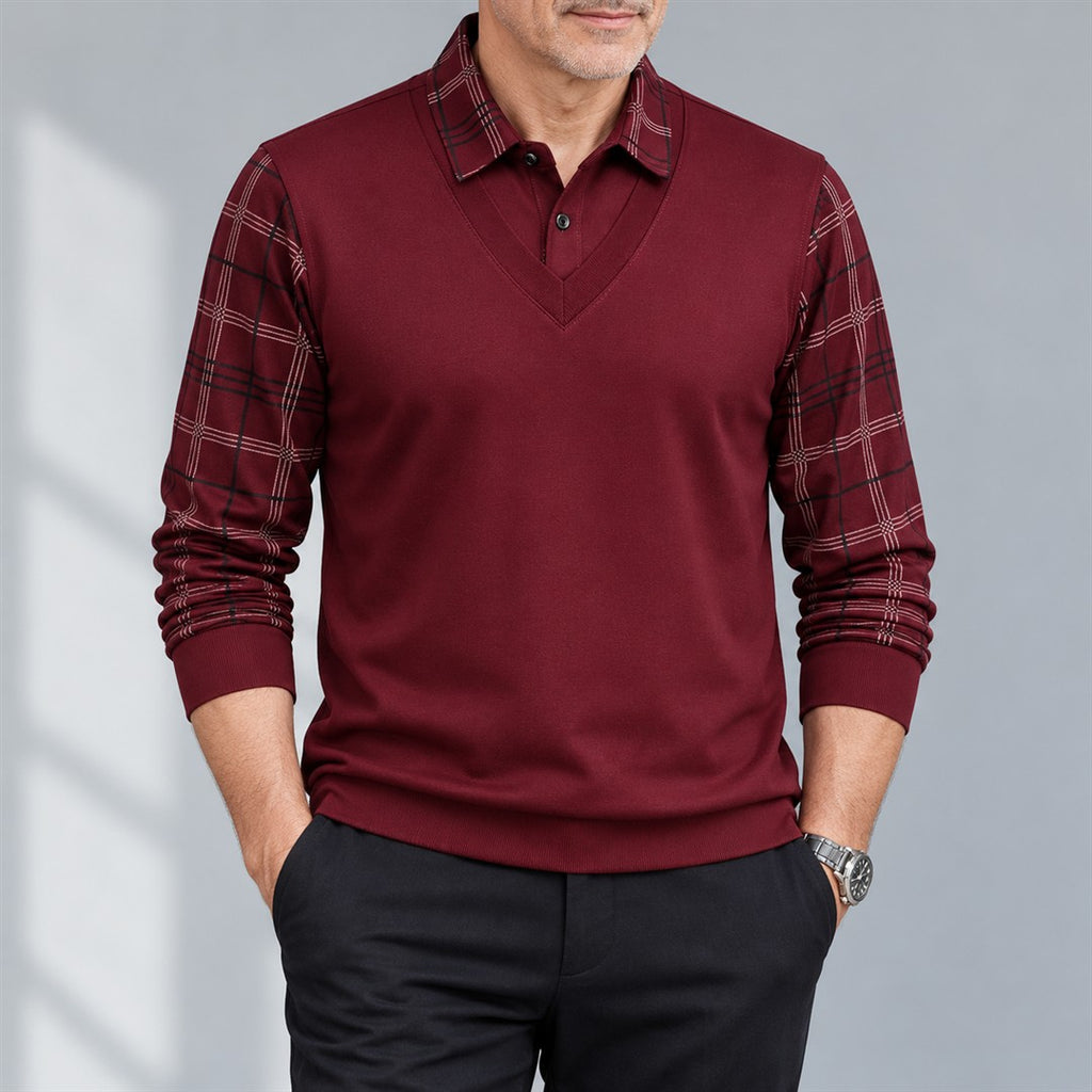 Men's Long-Sleeve Polo Shirt - Contrast-Collar Top worn by an older model against a light grey background