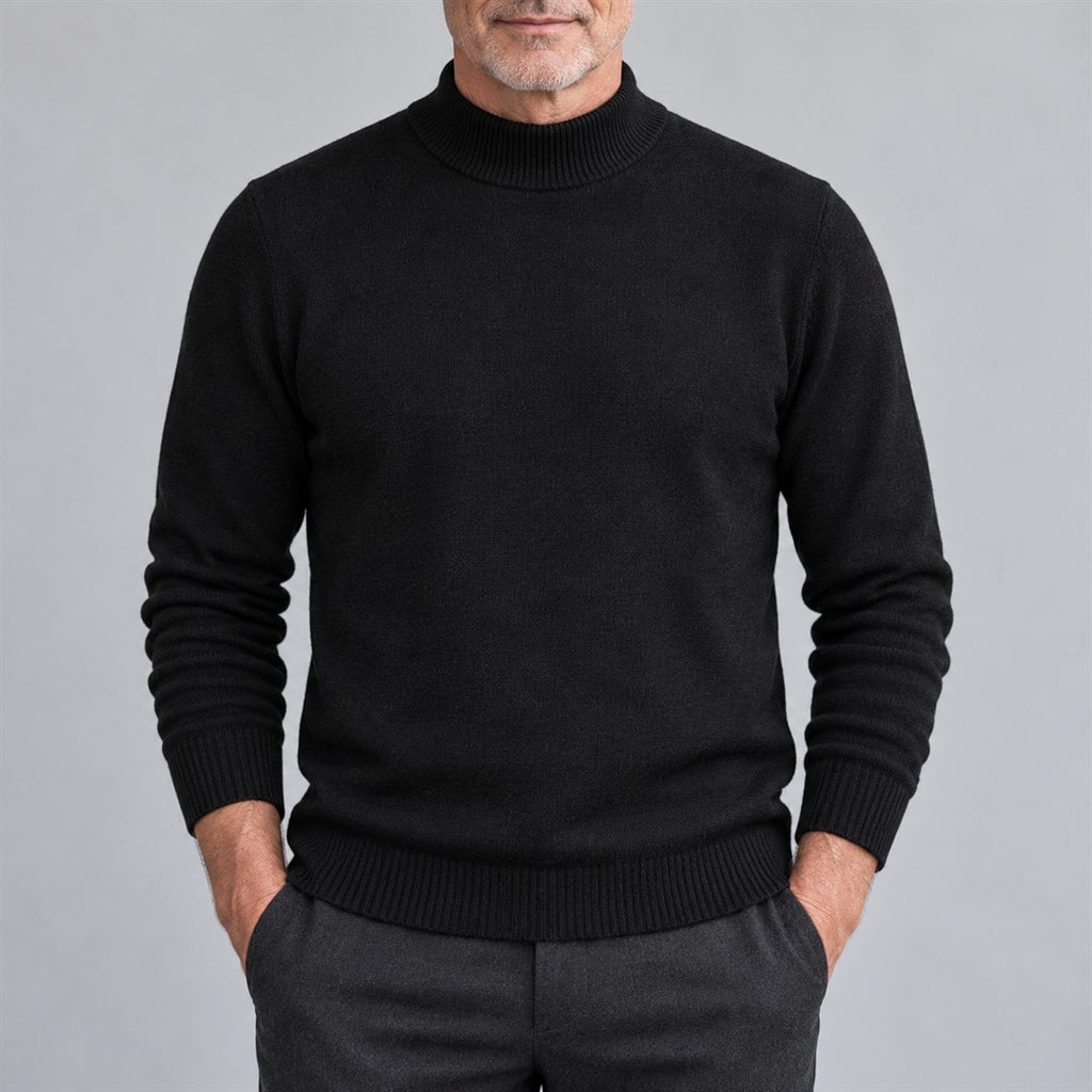 Men's Mock-Neck Sweater - Fine Knit Jumper worn by an older model against a light grey background