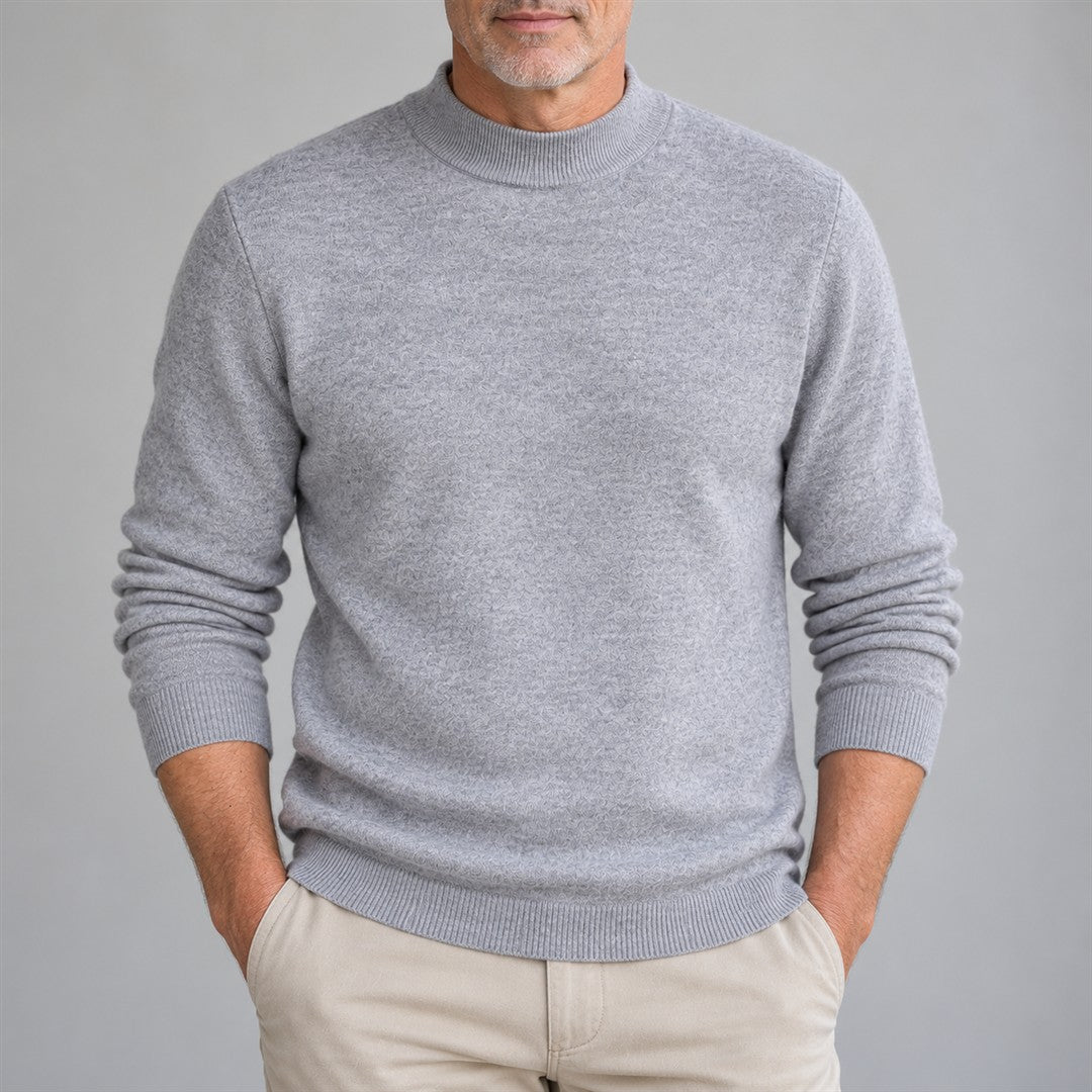 Men's Mock-Neck Sweater - Ribbed Knit Jumper worn by an older model against a light grey background
