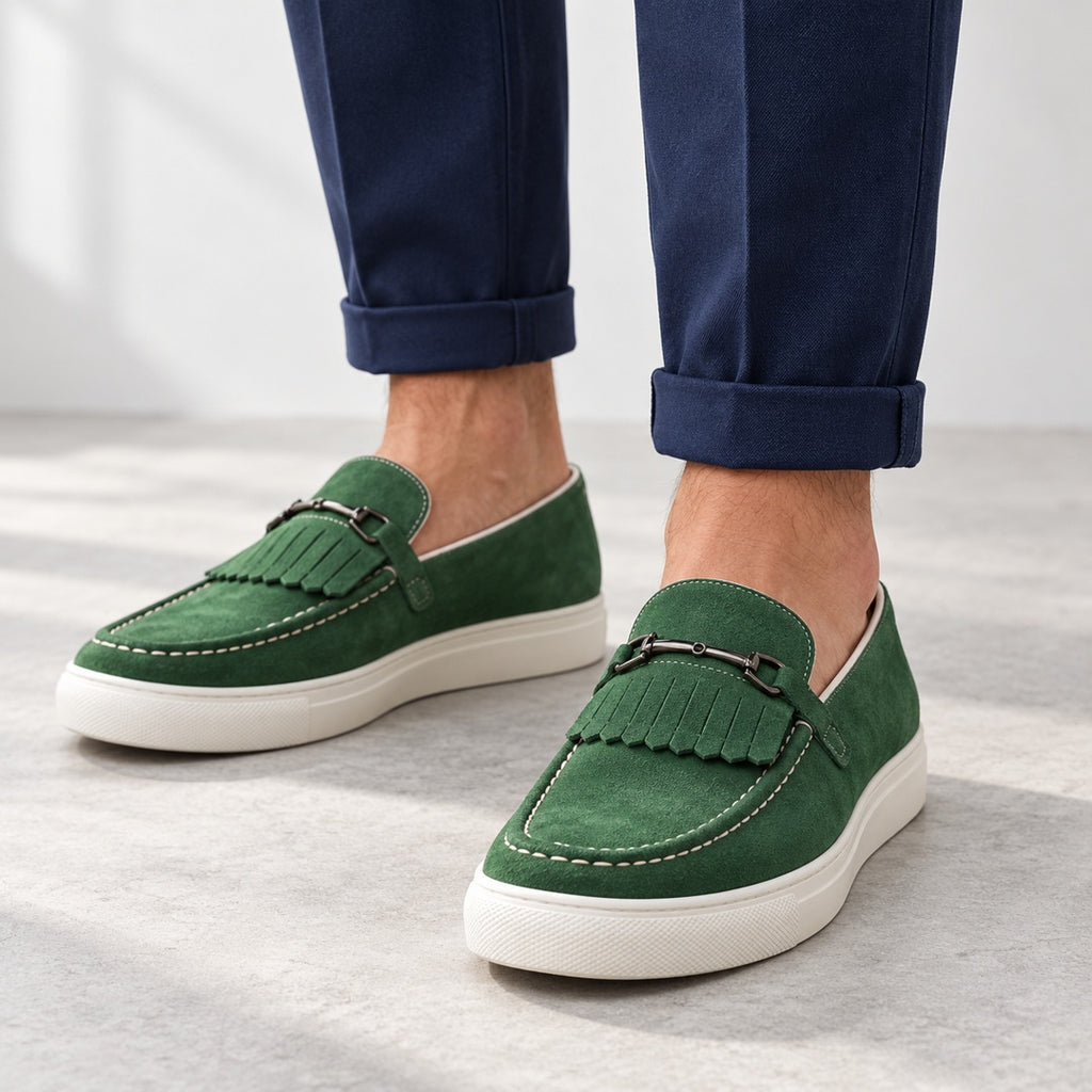 Men's Penny Loafers - Suede-Look Upper and White Sole shown in natural daylight