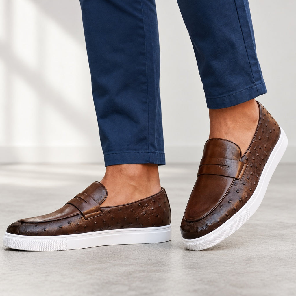 Men's Penny Loafers - Textured Panels and Contrast Sole shown in natural daylight