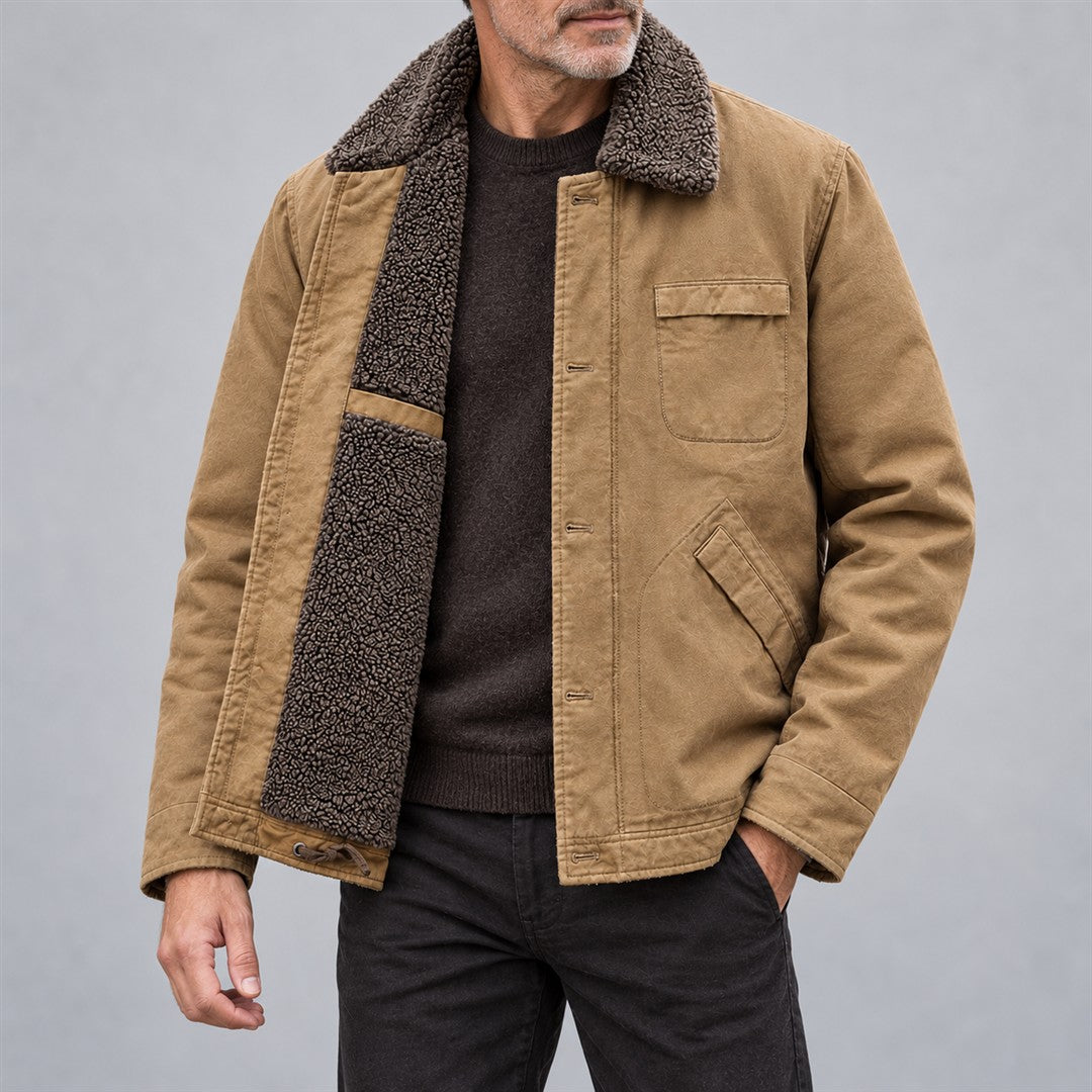 Men's Pile-Lined Jacket - Button-Front Multi-Pocket Outerwear worn by an older model against a light grey background
