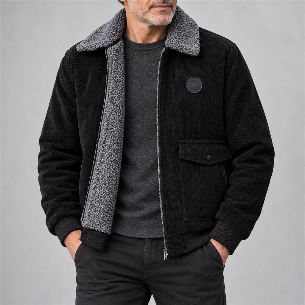Men's Pile-Lined Jacket - Zip-Up Ribbed Outerwear worn by an older model against a light grey background