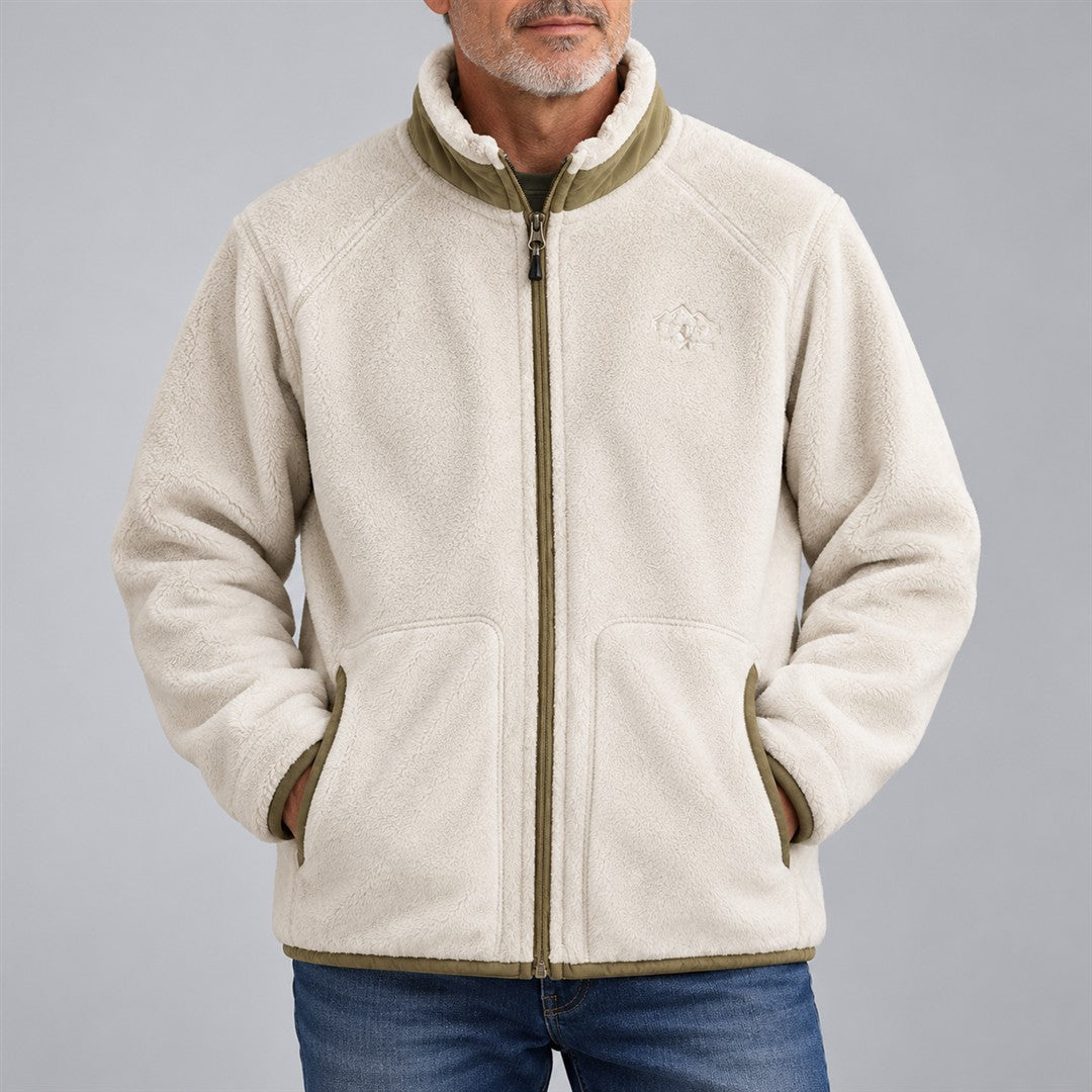 Men's Pile-Texture Jacket - Stand-Collar Zip-Up Outerwear worn by an older model against a light grey background