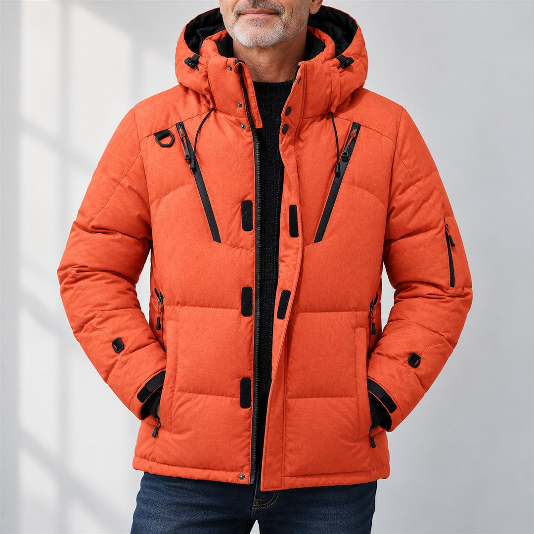 Men's Quilted Puffer Jacket - Stand-Collar Outerwear worn by an older model against a light grey background