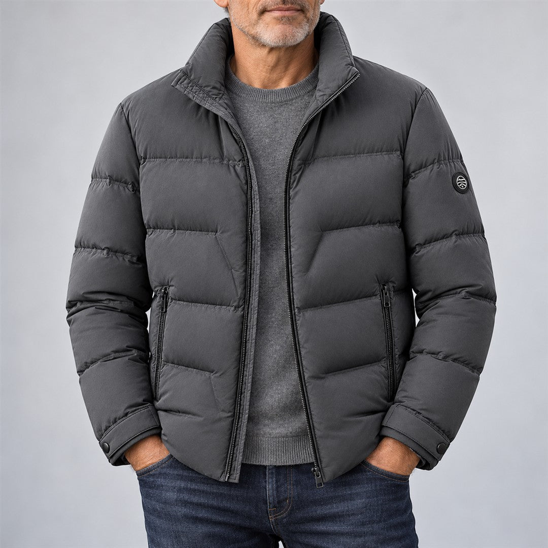Men's Quilted Puffer Jacket - Stand-Collar Zip-Up Outerwear worn by an older model against a light grey background