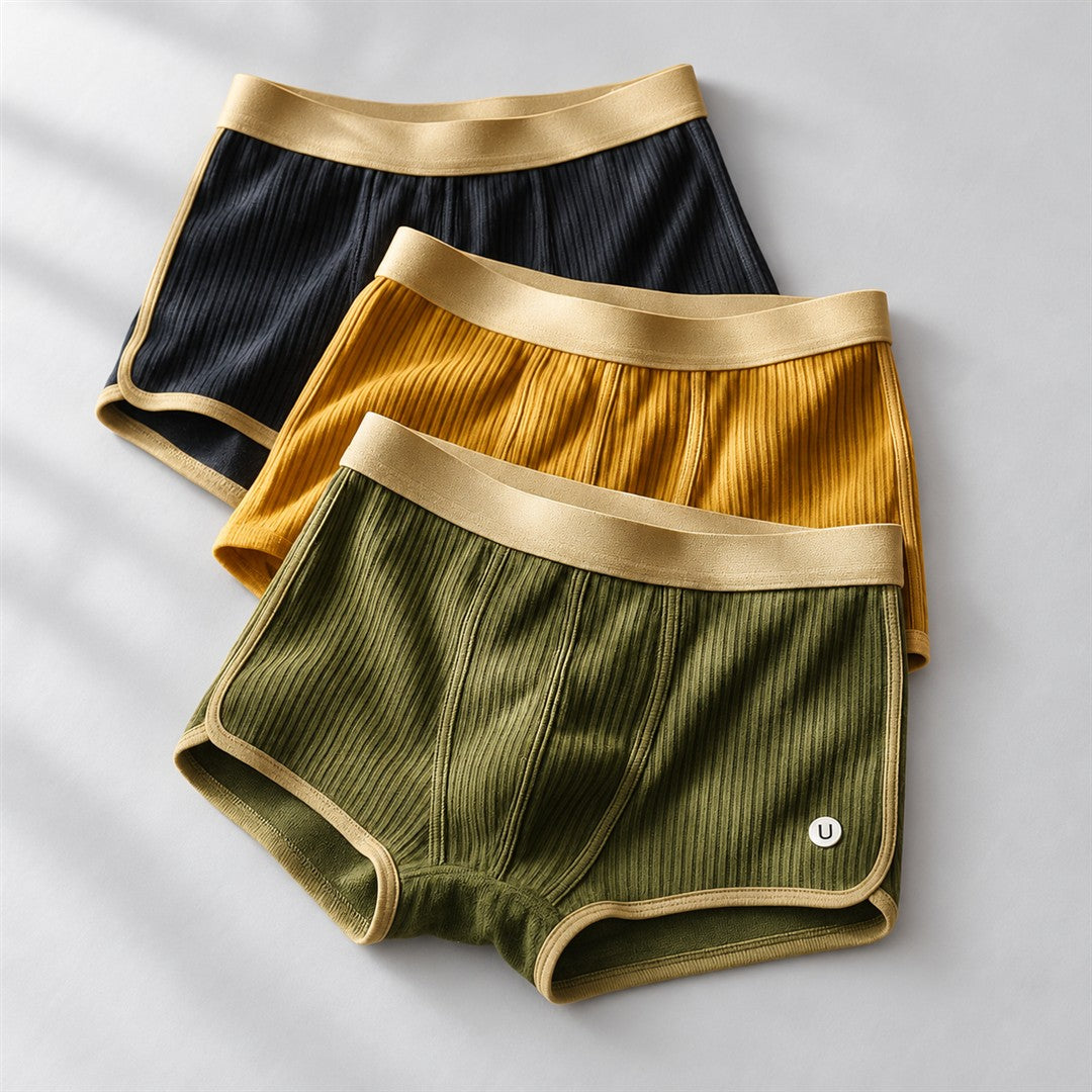 Black, mustard and olive ribbed boxer briefs with gold trim