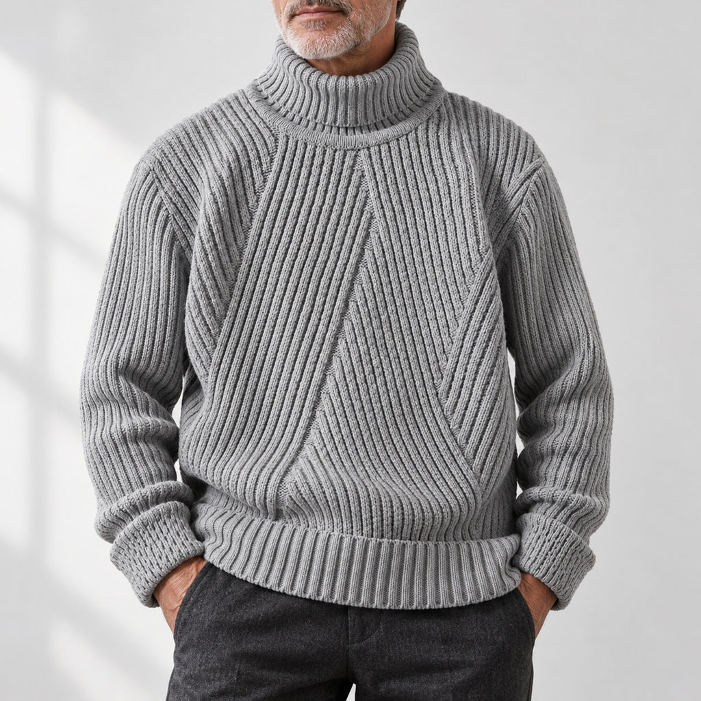 Men's Roll-Neck Jumper - Chunky Ribbed Knit shown in natural daylight