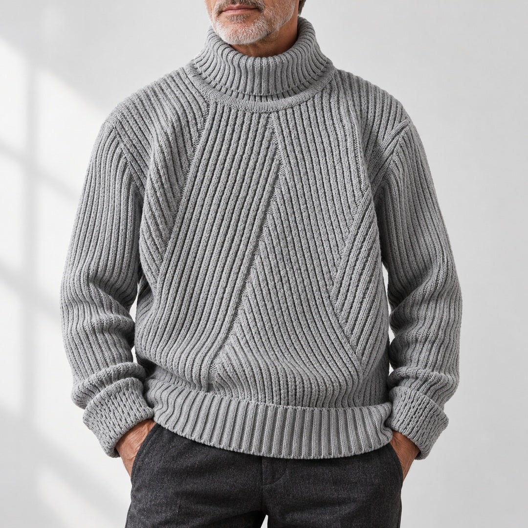 Men's Roll-Neck Jumper - Chunky Ribbed Knit shown in natural daylight