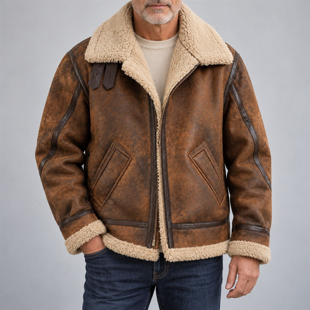 Men's Suede-Look Aviator Jacket - Zip-Up Outerwear worn by an older model against a light grey background