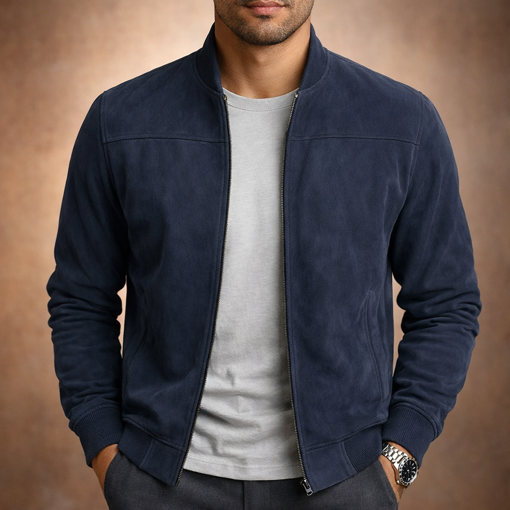 Men’s suede-look bomber jacket in dark blue